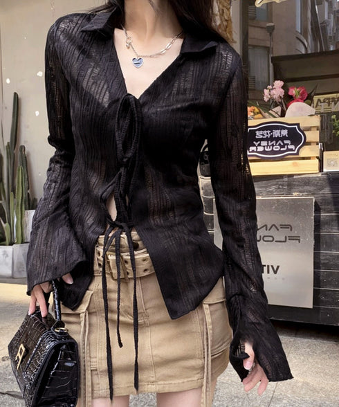 カーディガン 長袖 ボレロ 羽織り 薄手 レディース シアーシャツ 肌見せ 透け感 春夏トップス へそ出し UVケア 重ね着 カジュアル レイヤードコーデ リボン 77JCHU-001